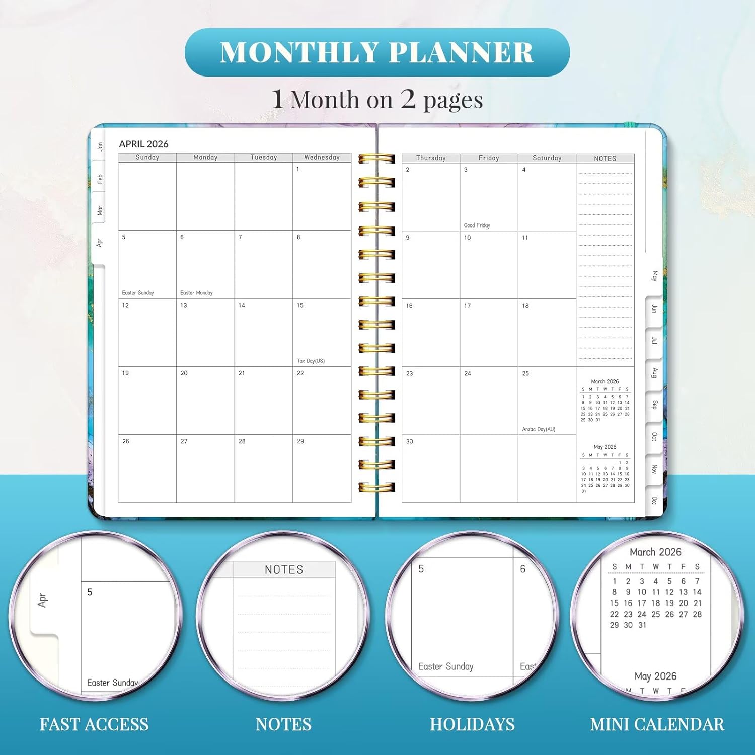 2026 Planner, A5 Weekly and Monthly Planners with Tabs, Spiral Bound Daily Calendar 2026 Planner, Agenda Organizers from Jan. to Dec., Hardcover Habit Tracker Journal 6.18 x 8.5(Cyan Marble)